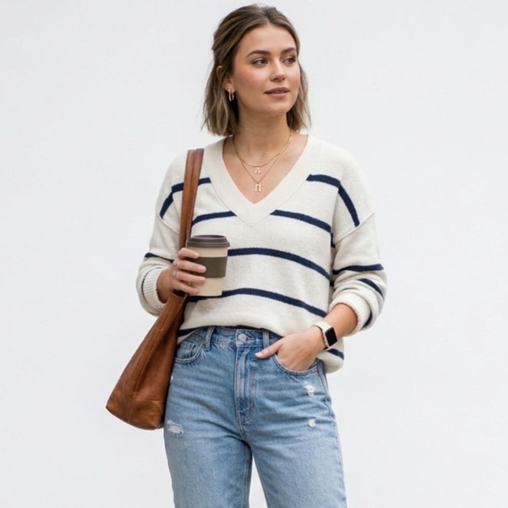 Aerie V-Neck Sweater Women's Size Small Beige Navy Striped Casual Oversized